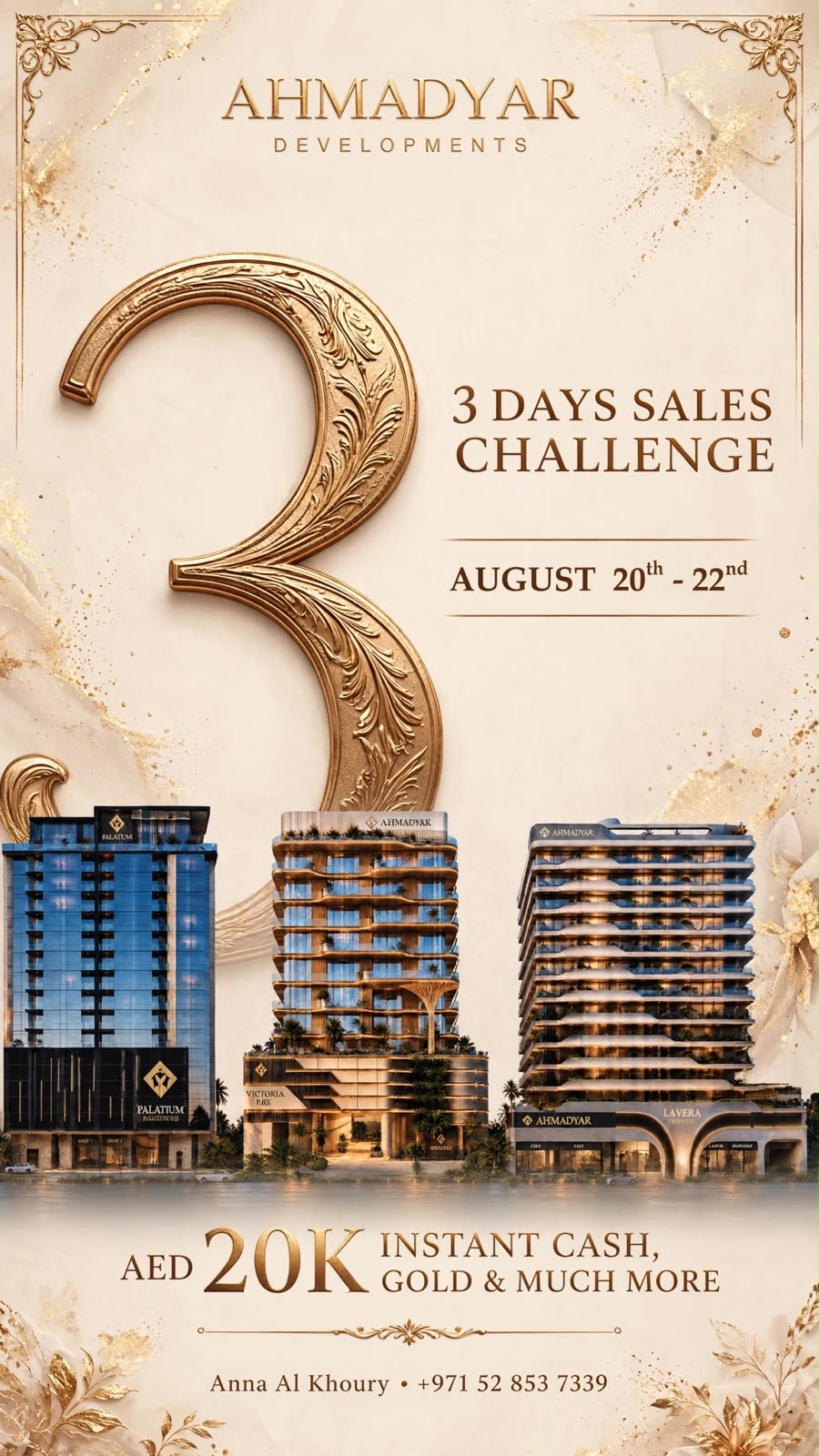 3 Days Sales Challenge poster, August 20th to 22nd, AED 20K instant cash, gold and much more