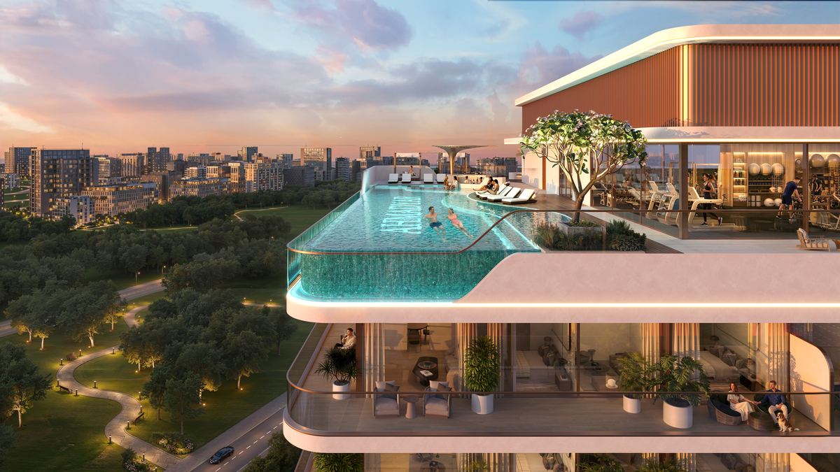 Rooftop pool at golden hour, story frame artwork