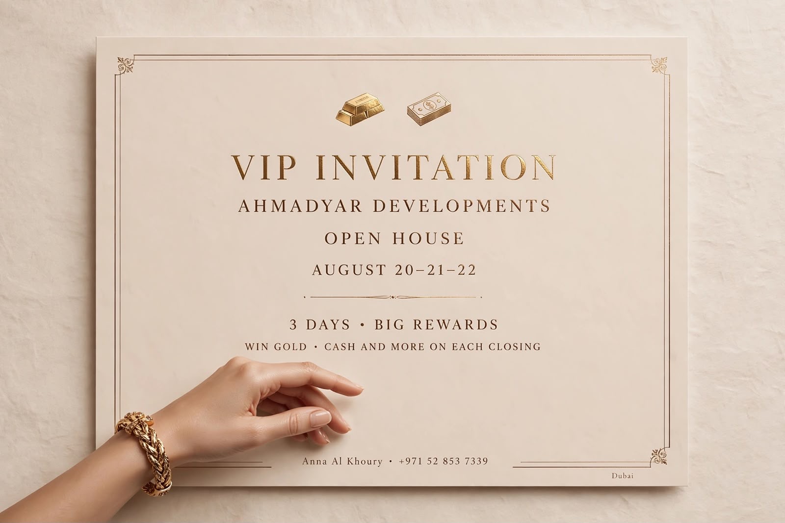 VIP invitation to the Ahmadyar Developments Open House, August 20–21–22, three days big rewards — win gold and cash on each closing