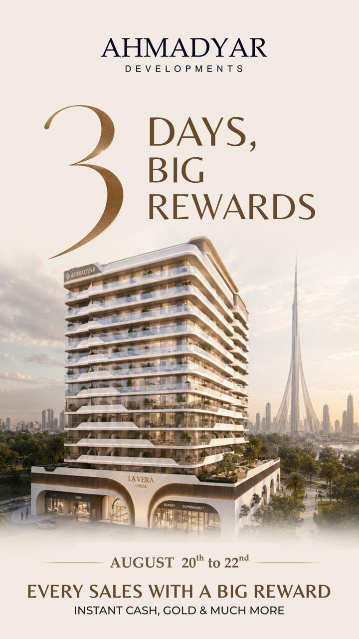 3 Days Big Rewards poster showing the Creek Harbor View tower with the Dubai Creek Harbour tower skyline