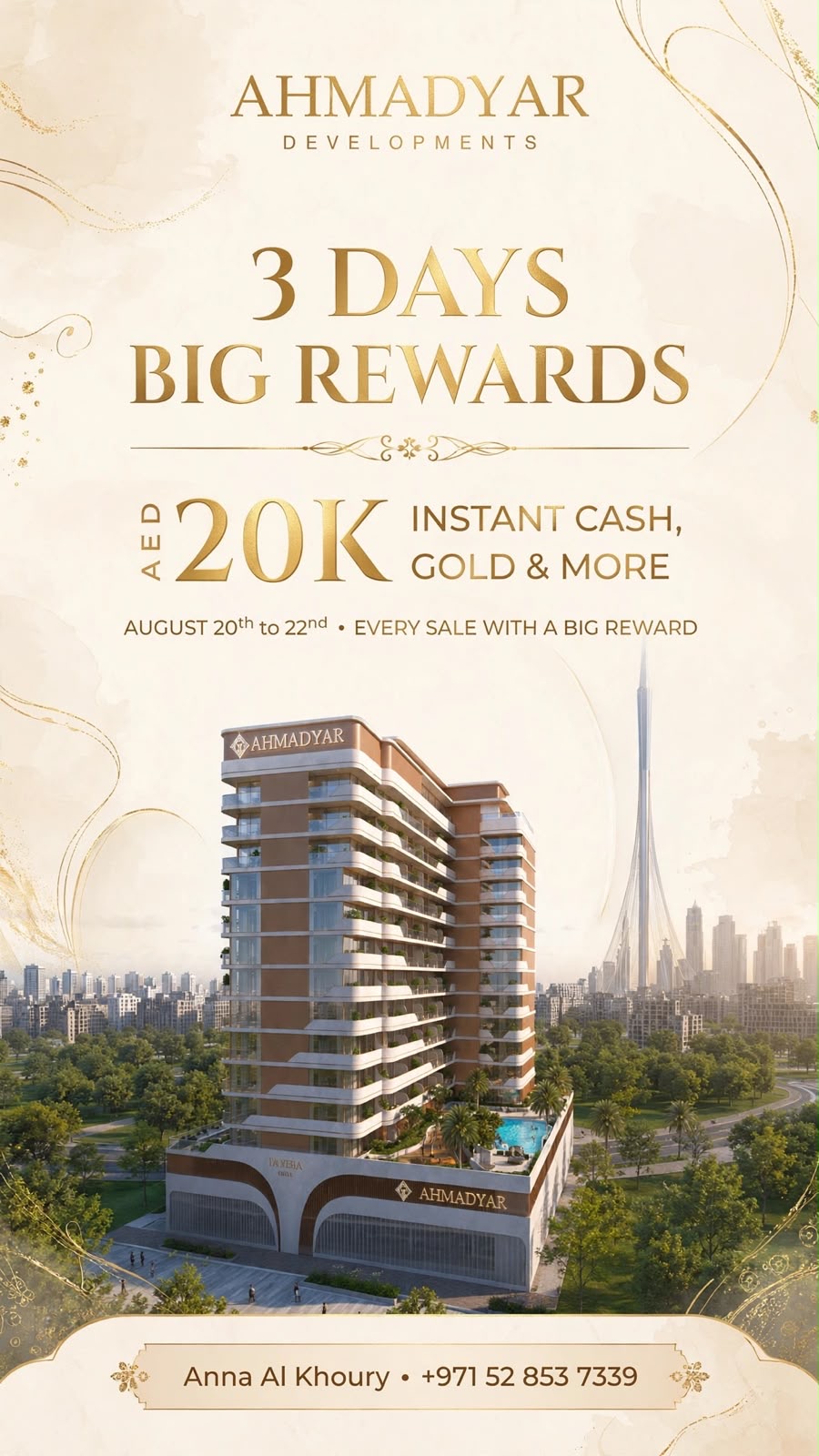 3 Days Big Rewards poster, AED 20K instant cash, gold and more, August 20th to 22nd